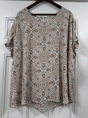 Maurices Womens Zipper Back Blouse Short Sleeve Multicolor White Damask Size 3x